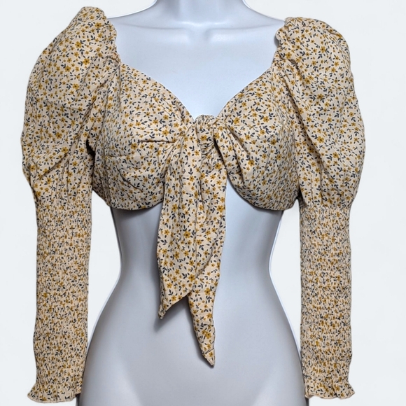 Love Tree Tops - Love Tree Floral Puff Long Sleeve Tie Front Crop Top Ivory Yellow Cottagecore